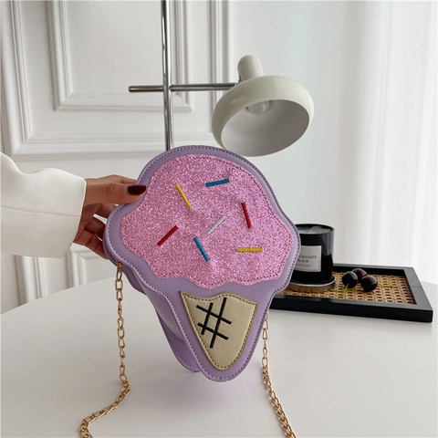 Süße Umhängetasche In Eiscreme-Form PU-Leder Glitzer-Pailletten Goldkette Neuheit Süße Handtasche Für Damen Mädchen