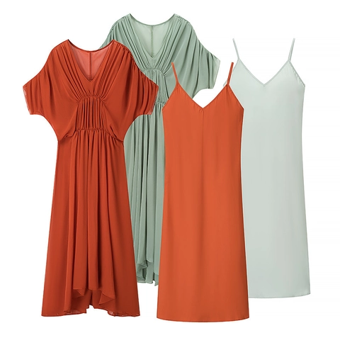 Damen Elegantes V Ausschnitt Fledermausärmel Raffkleid Und Unterkleid Einfarbig Polyester Chiffon Maxilänge