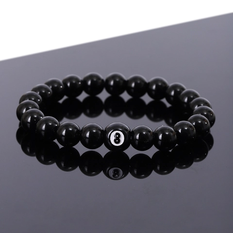 Billiard Eight Ball Lucky Black Beaded Bracelet Elastic Glass Resin Beads Sports Style Jewelry For Men And Women