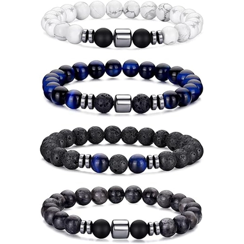 Men's Natural Stone Beaded Bracelets Tiger Eye Lava Rock Howlite Hematite Elastic Handmade Jewelry Minimalist