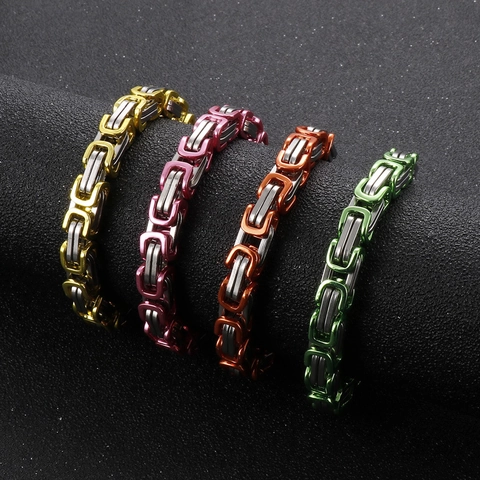 Men Byzantine Chain Bracelet Stainless Steel Two-Tone Hip Hop Punk Style Durable Lobster Clasp Jewelry