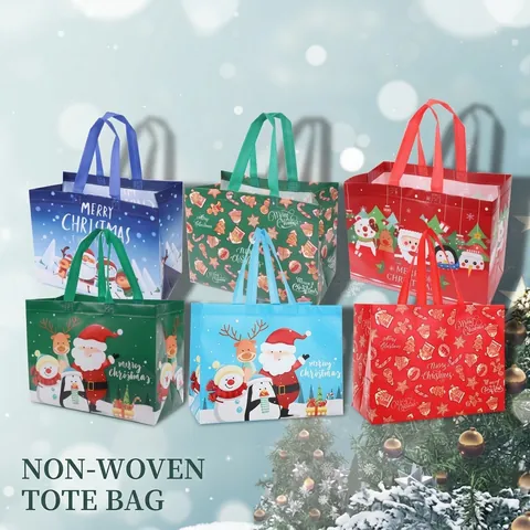 Sacchetto Regalo Di Natale Tessuto Non Tessuto Laminato Motivi Babbo Natale Pupazzo Di Neve Renna Borsa Da Shopping Capiente