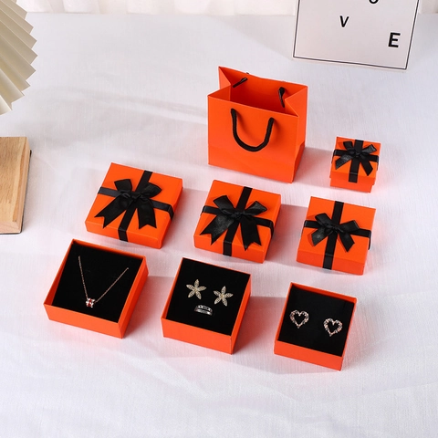 Elegant Orange Jewelry Gift Box And Packaging Bag With Black Ribbon Bow Cardboard Paper For Rings Earrings Necklaces