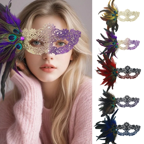 Lace Masquerade Mask With Peacock Feathers And Rhinestones Elegant Venetian Eye Mask For Women Party Costume Accessory