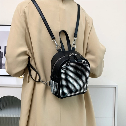 Mini Zaino Da Donna Pelle PU Borchia In Strass Argentati Chiusura A Cerniera Moda Viaggio Borsa Per La Scuola Ragazze Casual