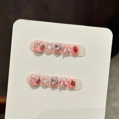 Kids Press On Nails 3D Strawberry Bow Pink Cat Eye Hand-Made Cute Rhinestone False Nails For Girls Decorative Nail Art
