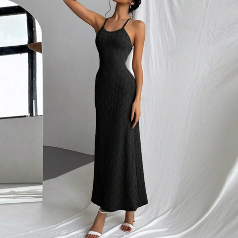Women Black Sexy Backless Knitted Maxi Dress Strappy Lace-Up Slim Fit Raised Lattice Texture Elegant Minimalist Dress