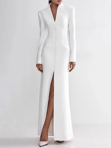 Elegant V Neck Long Sleeve Maxi Dress Cotton Polyester Blend Button Front High Slit Slim Fit Formal Evening Gown