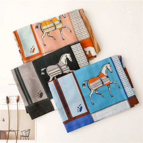 Sciarpa Scialle Da Donna Moda Stampa Cavallo Equestre Strisce Geometriche Protezione Solare Grande Avvolgimento Setoso