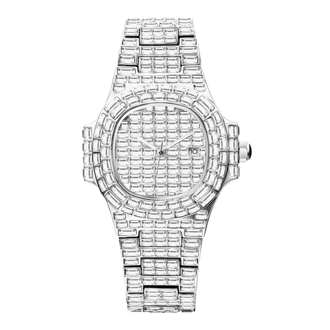 Montre Homme Quartz Luxe Entièrement Sertie De Strass Carré Plaqué Or Étanche Calendrier Mode