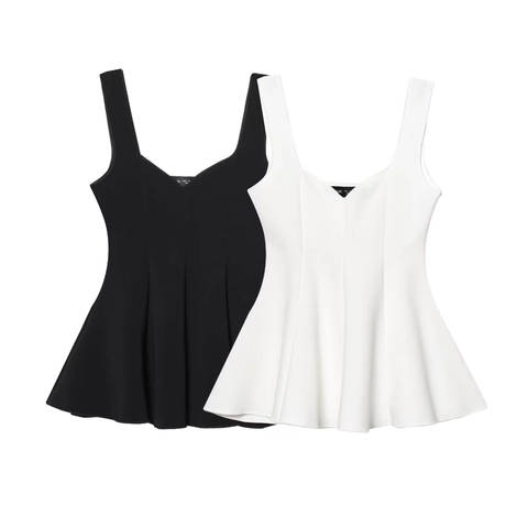 Sleeveless V Neck Peplum Top And High Waist Flare Pants Knitted Twill Polyester Solid Street Casual Women Outfits