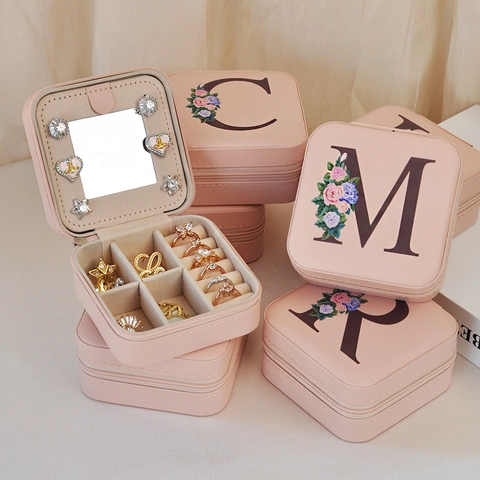 Portable PU Leather Jewelry Box With Mirror Square Zipper Case Floral Initial Letter Print Travel Storage Organizer For Accessories