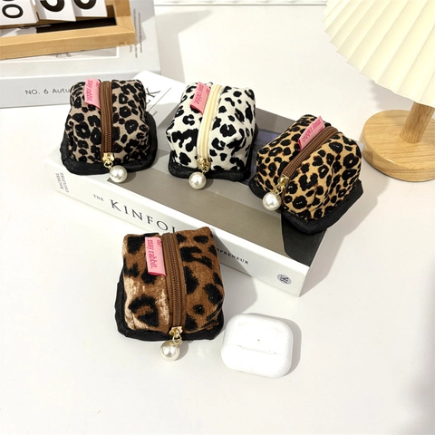 Mini Borsa Porta Auricolari Velluto A Coste Stampa Leopardata Cerniera Portamonete Con Pendente Di Perla Artificial Retro Portatile