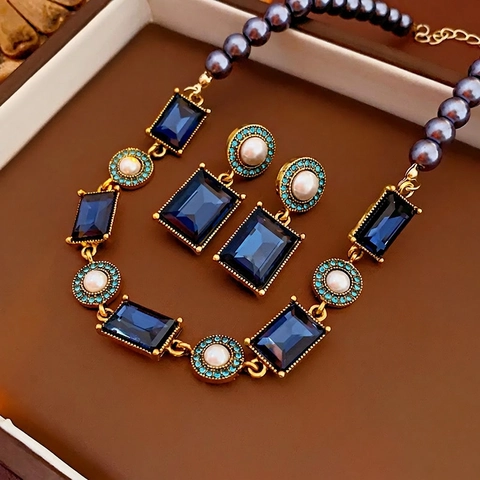 Vintage Necklace And Earrings Alloy Blue Rhinestone Rectangular Gem Artificial Pearl With 925 Sterling Silver Earring Post