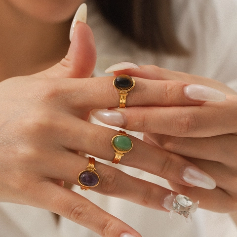 Naturstein Ring Aus Edelstahl 18 Karat Vergoldet Offen Verstellbar Ovaler Cabochon Retro Schmuck Für Damen