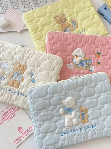 Cartoon Animal Embroidery Laptop Sleeve Quilted Cloud Texture Shockproof Tablet Inner Bag Soft Portable Ins Style Bag