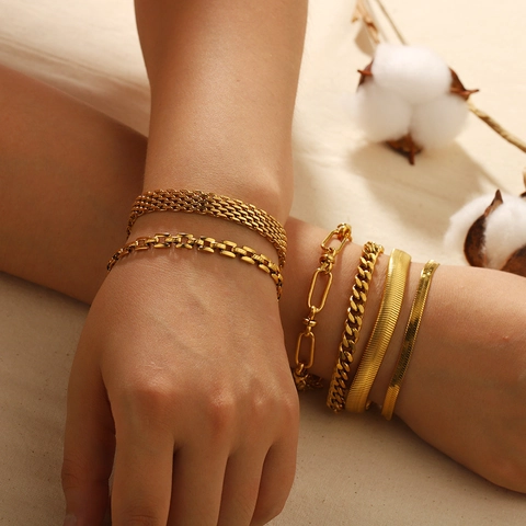 Pulsera De Acero Inoxidable Chapada En Oro 18K Cadena Serpiente Plana Eslabón Cubano Joyería Mujeres Hombres Minimalista