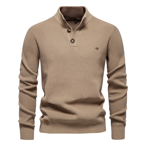 Maglione In Maglia Da Uomo Misto Cotone Mezza Zip Collo Alto Vestibilità Aderente Casual Tinta Unita Pullover