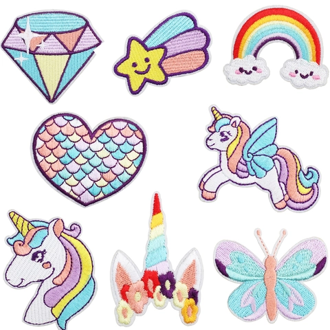 Toppe Ricamate Unicorno Farfalla Arcobaleno Cuore Stella Diamante Sirena Tessuto DIY Decorazione Abbigliamento Applique