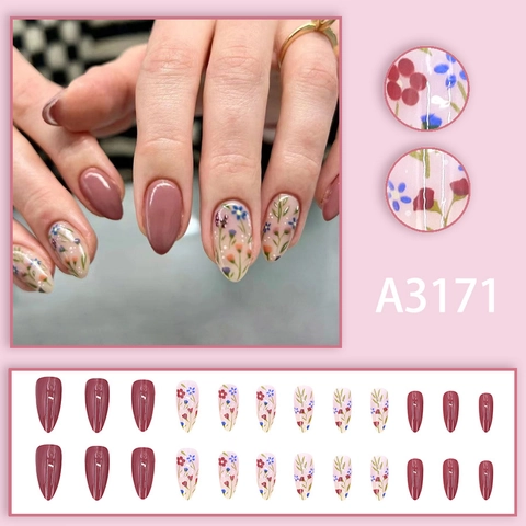 Mandelform Künstliche Nägel Blumendruck Blumen Süße Ins Stil Künstliche Nagelspitzen Staubrosa Morandi Rosa Glänzend