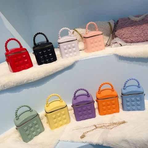 Mini Borsa Secchiello Jelly PVC Borchia Griglia Design Manico Torcito Catena Tracolla Stile Urbano Donne