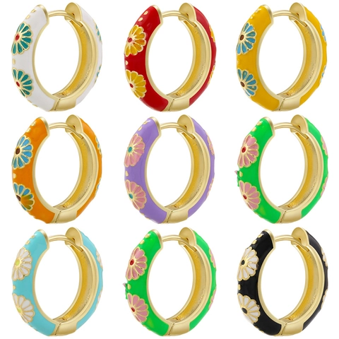 Orecchini A Cerchio Margherita Smalto Colorato Ottone Placcato Oro Huggie Per Donna Gioielli Floreali