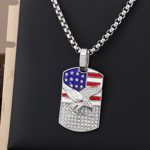 Ανδρικό Κολιέ Hip Hop Dog Tag Από Ανοξείδωτο Ατσάλι Αμερικανική Σημαία Αετός Με Στρας Εμαγιέ Πατριωτικό Κόσμημα