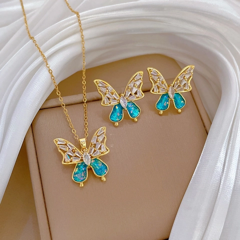 Butterfly Necklace And Earrings Jewelry With Silver Earring Post Titanium Steel Copper Blue Opal Rhinestone Elegant Women