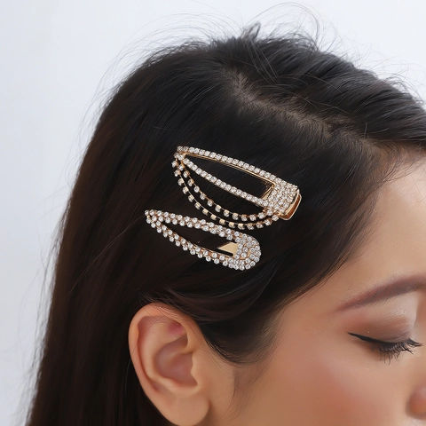 Elegant Rhinestone Hair Clips Gold Alloy Water Drop Geometric Tassel Chain Decorative Hairpins For Women