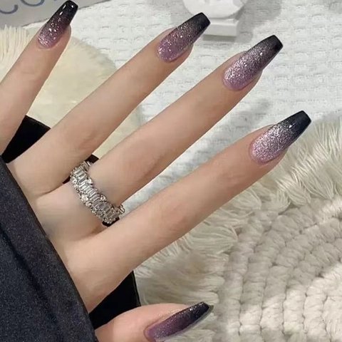 Uñas Postizas Cat Eye Forma De Ataúd Largo Brillo Degradado Negro Morado Resina Uñas Artificiales Para Mujer