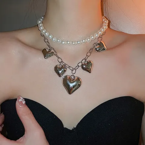 Collana A Doppio Strato Di Künstliche Perle Con Pendenti A Cuore In Lega Catena Da Clavicola Di Moda Per Donna Stile Retrò