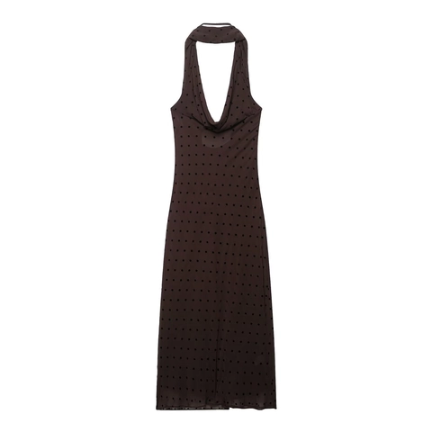 Halterhals Polka Dot Kleid Rückenfrei Elegant Ärmellos Netz Chiffon Maxi Kaffeebraun Für Frauen Lässige Sommer Mode