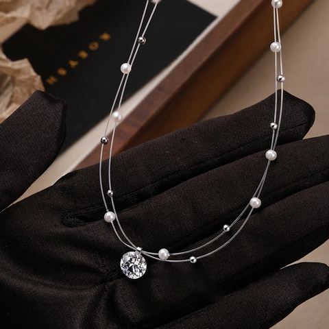 Double Layer Necklace With Sparkling Zircon Pendant Faux Artificial Pearl And Metal Beads Elegant Clavicle Chain Minimalist Jewelry For Women