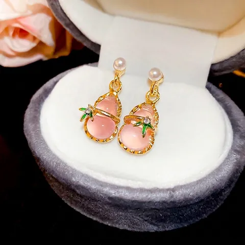 Gourd Pendant Earrings Pink Resin Faux Artificial Pearl Bamboo Leaf Alloy With 925 Sterling Silver Earring Post Chinese Style Women