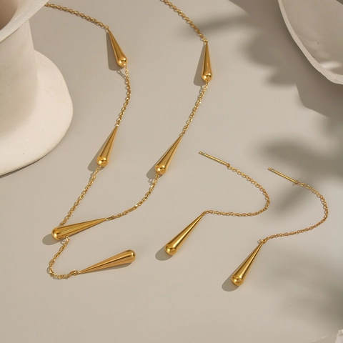 Minimalistische Gouden Roestvrijstalen Teardrop Tassel Y Ketting En Hangende Oorbellen Elegante Dames Sieraden Voor Dagelijks