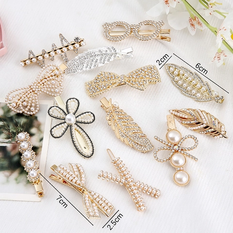 Elegant Hair Clips Alloy Rhinestone Faux Artificial Pearl Feather Bowknot Flower Shape Side Barrette Women Girls Styling Accessories