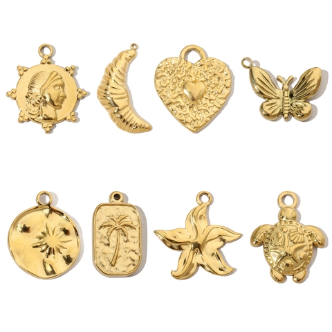 Stainless Steel Charms For Jewelry Making 18K Gold Plated DIY Pendants Vintage Heart Butterfly Palm Tree Starfish Sea Turtle Design Tarnish Resistant For Necklaces Bracelets