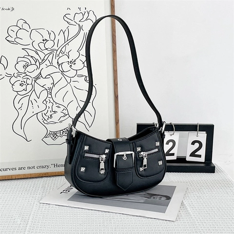Women Motorcycle Shoulder Bag PU Leather Rivet Buckle Y2K Punk Rock Style Crescent Hobo Handbag Streetwear