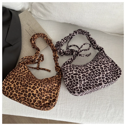 Dames Luipaardprint Ondertotas Stof Crescent Hobo Schoudertas Met Geplooide Handgreep Strikdecoratie Mode Dagelijkse Handtas