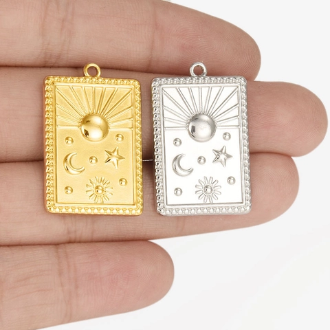 Sun Moon Star Celestial Relief Pendant 304 Stainless Steel Rectangular DIY Jewelry Accessories Tarot Style Mystery Charm
