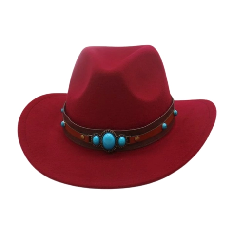 Kids Western Cowboy Hat Wide Brim Felt Fedora Ethnic Leather Band Faux Turquoise Studded Rivet Retro Style For Boys Girls