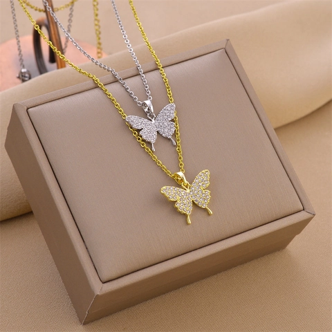 Collier Pendentif Papillon Acier Titane Zircone Cubique Pavé Bijoux De Luxe Pour Femmes Couleur Durable