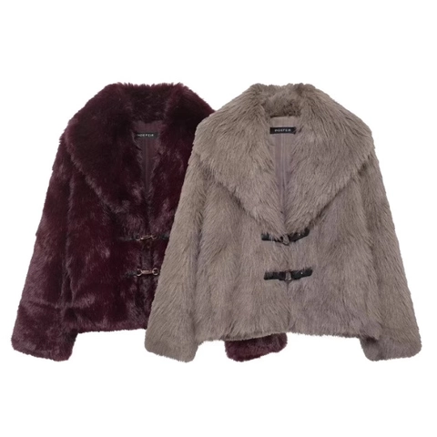 Women Faux Fur Coat Soft Plush Short Jacket Lapel Collar Long Sleeve Casual Elegant Winter Outerwear With Metal Hooks