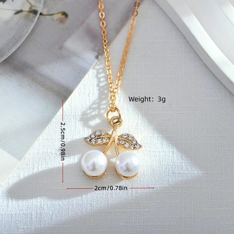Elegante Collar de Colgante de Cereza de Acero de Titanio Con Perla Artificial y Hoja de Strass Oro Plata Mujer Joyería