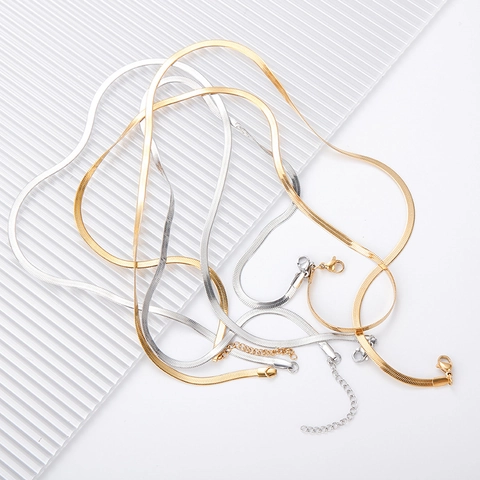 Stainless Steel Flat Snake Chain Necklace Herringbone Blade Link With Extension For Women Men Simple Jewelry
