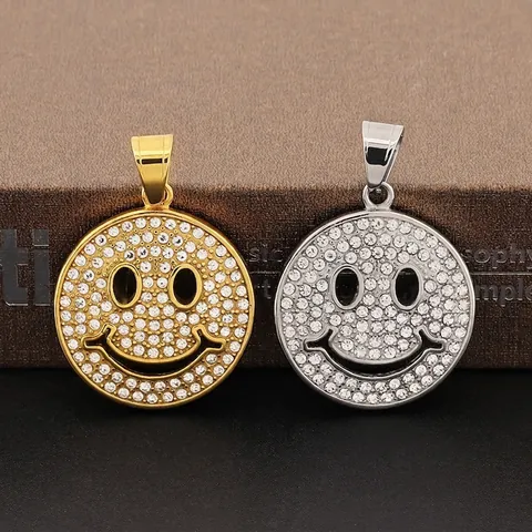 Collar Con Colgante De Cara Sonriente Acero Inoxidable Iced Out Diamantes De Imitación Medallón Redondo Joyería Hiphop