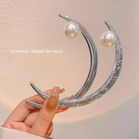 Legering Kunstparel Halve Maan Haarstokje Vintage Wolkenpatroon Elegante Haarspeld Voor Vrouwen Knot Styling