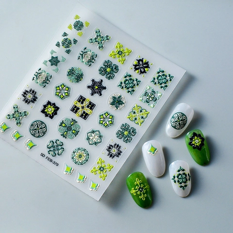 5D Geprägte Nagelkunst Aufkleber Böhmisch Retro Floral Geometrisch Relief Selbstklebend Abziehbilder Für Frauen Maniküre Dekor