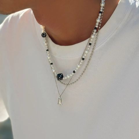 Collar De Capas Imitación Perla Artificial Cadena Metal Colgante Fantasma Dado Estilo Punk Street Para Hombres