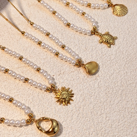 Collana Vintage in Acciaio Inossidabile Con Perla Artificiale Conchiglia Tartaruga Sole Ciondolo Oro Placcato Choker Donna Gioielli